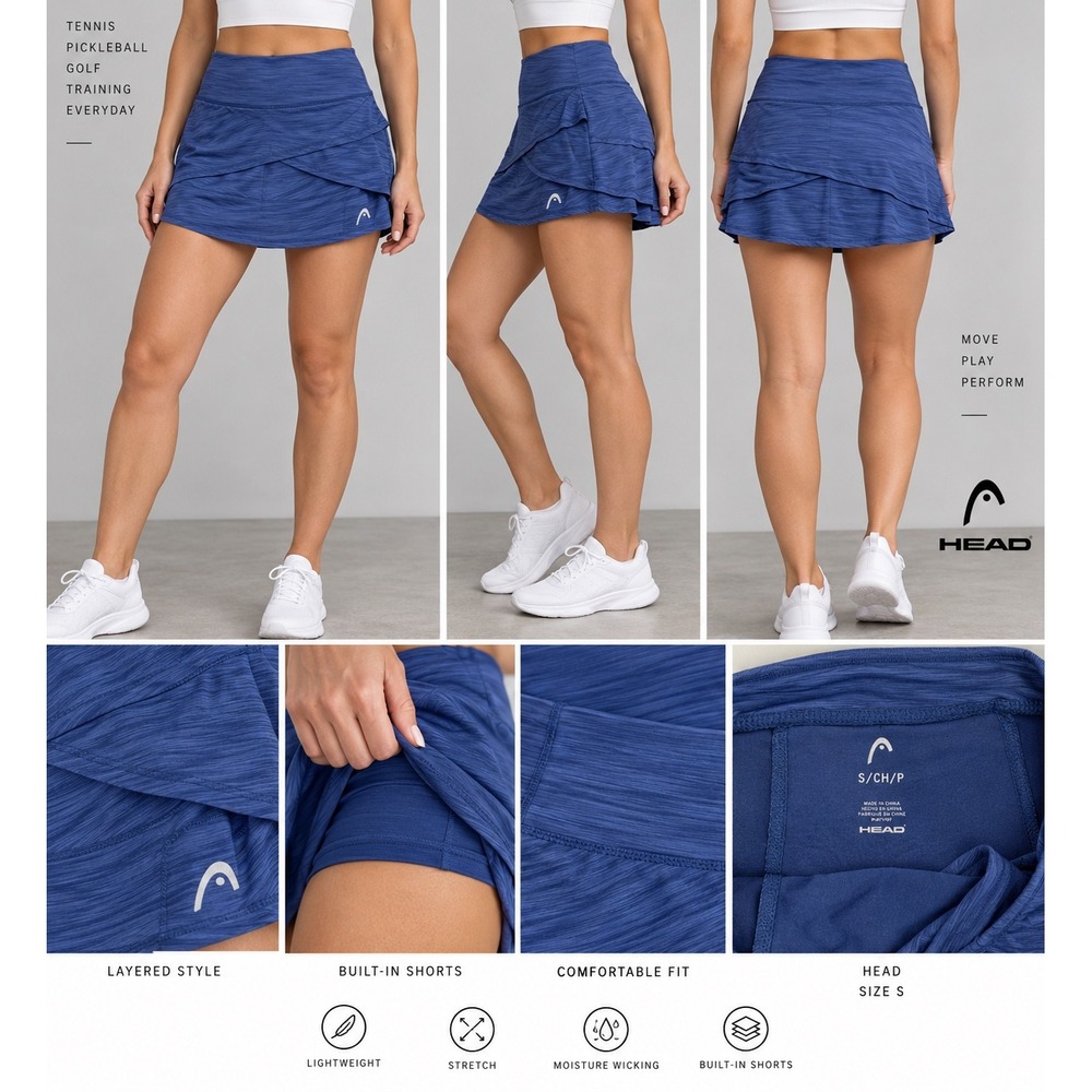 HEAD Womens Tennis Skort Size S Blue Layered Skirt Built-in Shorts Pickleball
